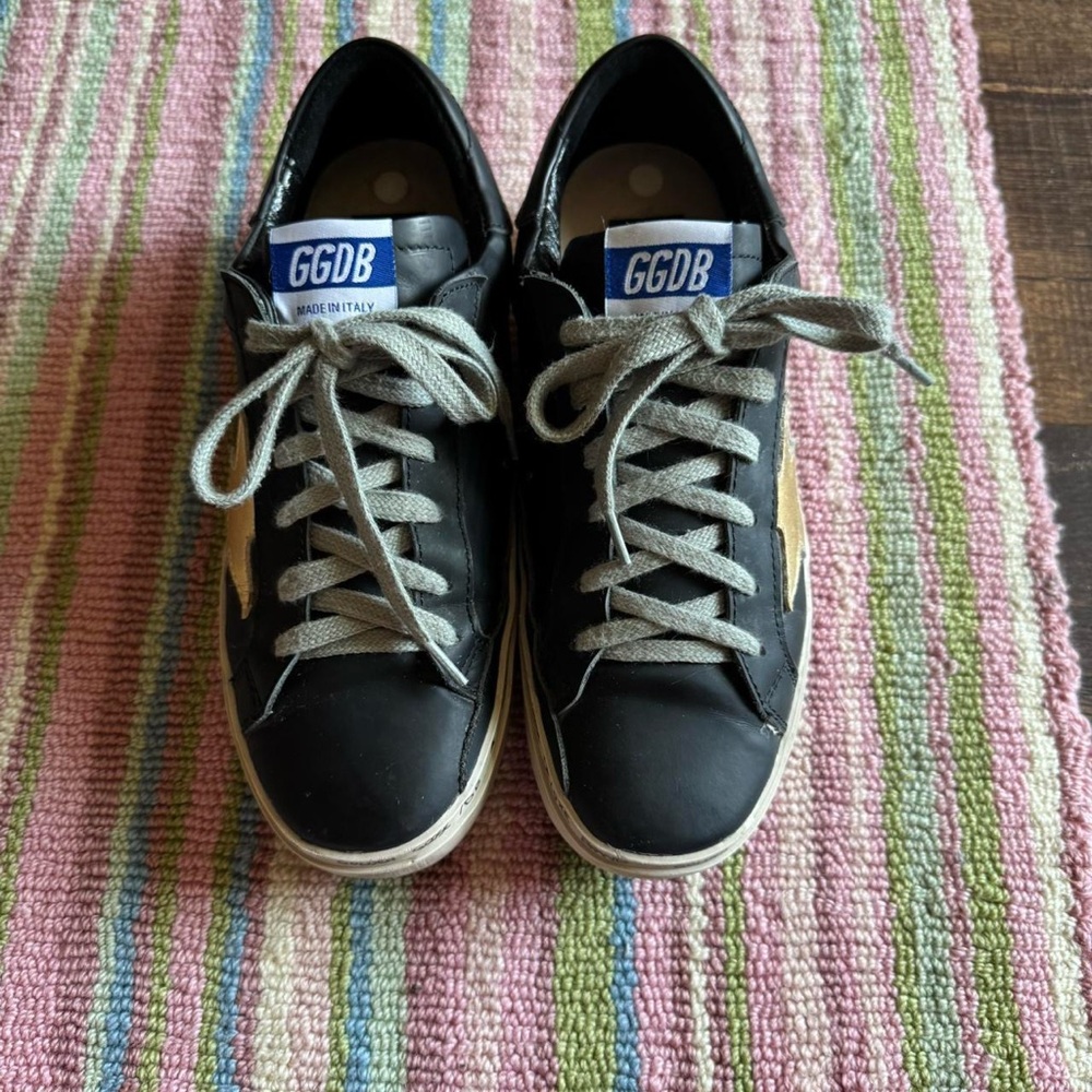 Black Leather Sneakers with Gold Star Accent - Picture 4 of 10